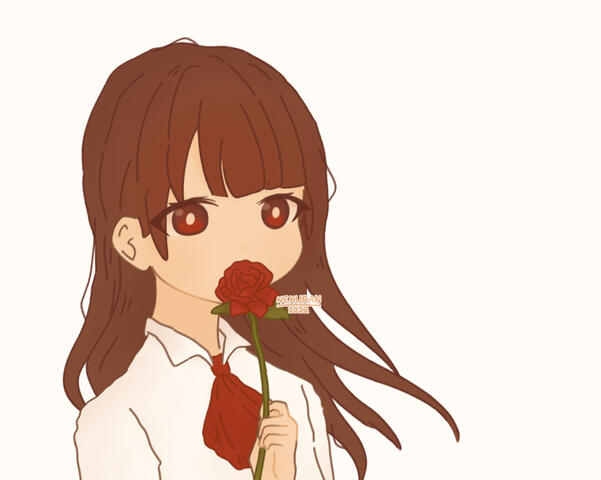 Bust-up artwork featuring the character Ib from the game of the same name, in Nemuran's standard style. She is holding a red rose in her left hand, keeping it close to, and hiding her mouth with it.