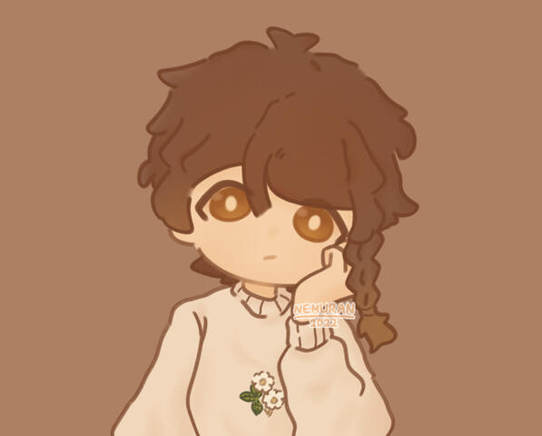 Bust-up of Nemu, one of Nemuran's OCs, wearing a beige sweater with white flowers embroidered on it.