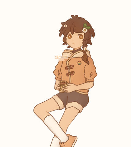 Almost-full-body artwork of Nemu, wearing a faded orange short-sleeved hoodie with cream-coloured hood, brown shorts and a pair of light faded orange sneakers along with white socks. Nemu is seen holding a yellow mug with tea in both hands.
