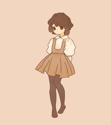 Drawing of Nemu, wearing a light brown dress over a puff sleeve shirt. The character has brown hair and an asymmetric fringe swept to the left, with hair on both sides framing his face. The tips of their hair also fades into a color close to golden brown.