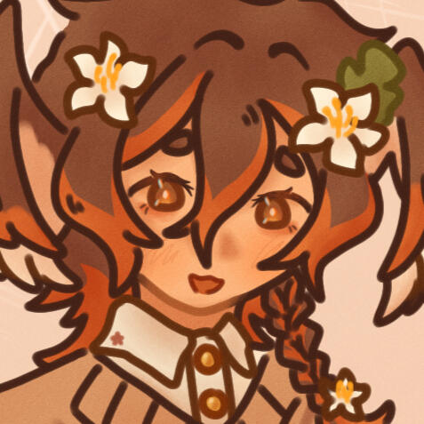 Icon of Nemuran's character and persona's 3.1 design. They wear their hair into 2 mullet-like haircut falling down their neck, decorated with white flowers and orange strands.